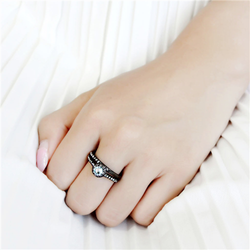 CJE3634 Wholesale Women's Stainless Steel IP Black Synthetic Sea Blue Ring Set