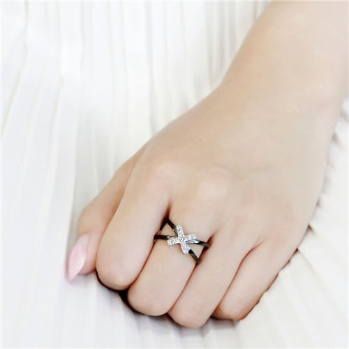 CJE3635 Wholesale Women's Stainless Steel Two-Tone IP Black AAA Grade CZ Clear X Ring