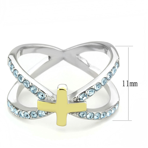 CJE3636 Wholesale Women's Stainless Steel Two-Tone IP Gold Top Grade Crystal Sea Blue Cross Ring