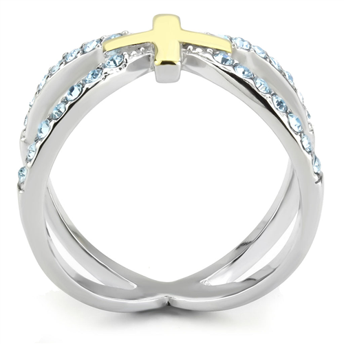 CJE3636 Wholesale Women's Stainless Steel Two-Tone IP Gold Top Grade Crystal Sea Blue Cross Ring