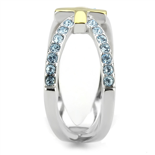 CJE3636 Wholesale Women's Stainless Steel Two-Tone IP Gold Top Grade Crystal Sea Blue Cross Ring