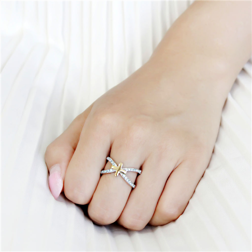 CJE3636 Wholesale Women's Stainless Steel Two-Tone IP Gold Top Grade Crystal Sea Blue Cross Ring