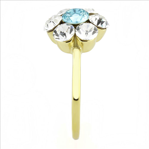 CJE3642 Wholesale Women&#39;s Stainless Steel IP Gold Synthetic Sea Blue Floral Ring