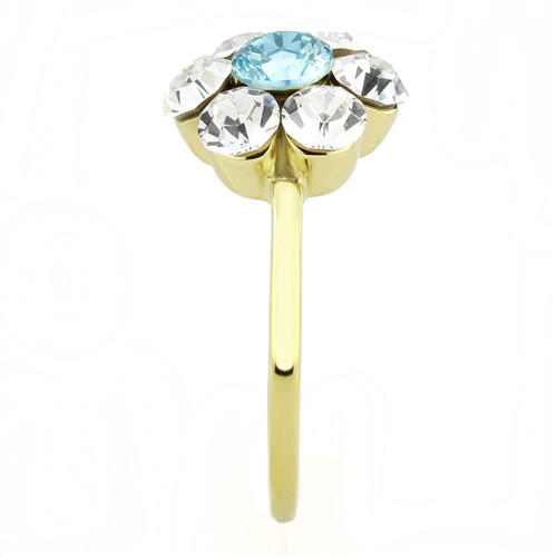 CJE3642 Wholesale Women's Stainless Steel IP Gold Synthetic Sea Blue Floral Ring