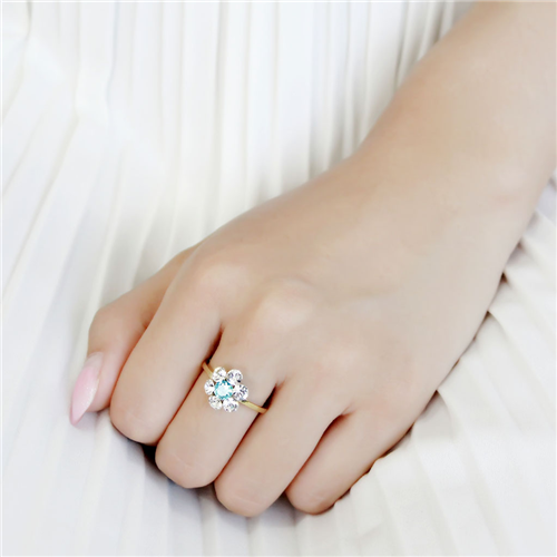 CJE3642 Wholesale Women's Stainless Steel IP Gold Synthetic Sea Blue Floral Ring