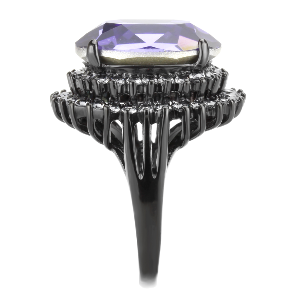 CJ3687 Wholesale Women's Stainless Steel IP Black Top Grade Crystal Tanzanite Purple Statement Ring