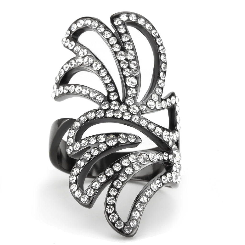 CJ3688 Wholesale Women's Stainless Steel IP Light BlackTop Grade Crystal Clear Floral Cutout Design Ring