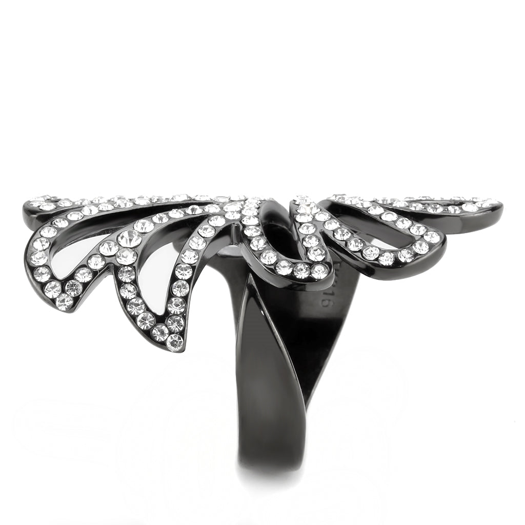 CJ3688 Wholesale Women's Stainless Steel IP Light BlackTop Grade Crystal Clear Floral Cutout Design Ring