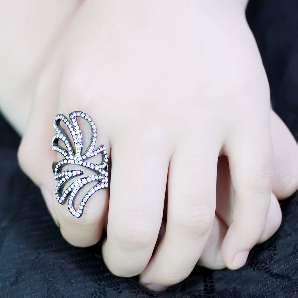 CJ3688 Wholesale Women's Stainless Steel IP Light BlackTop Grade Crystal Clear Floral Cutout Design Ring