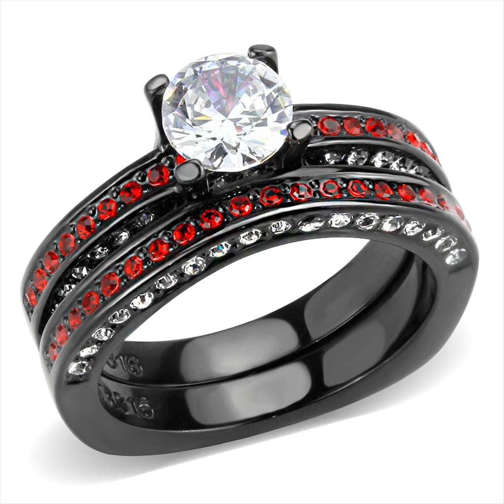 CJ3695 Wholesale Women&#39;s Stainless Steel IP Black AAA Grade CZ Clear &amp; Red Solitaire Ring Set