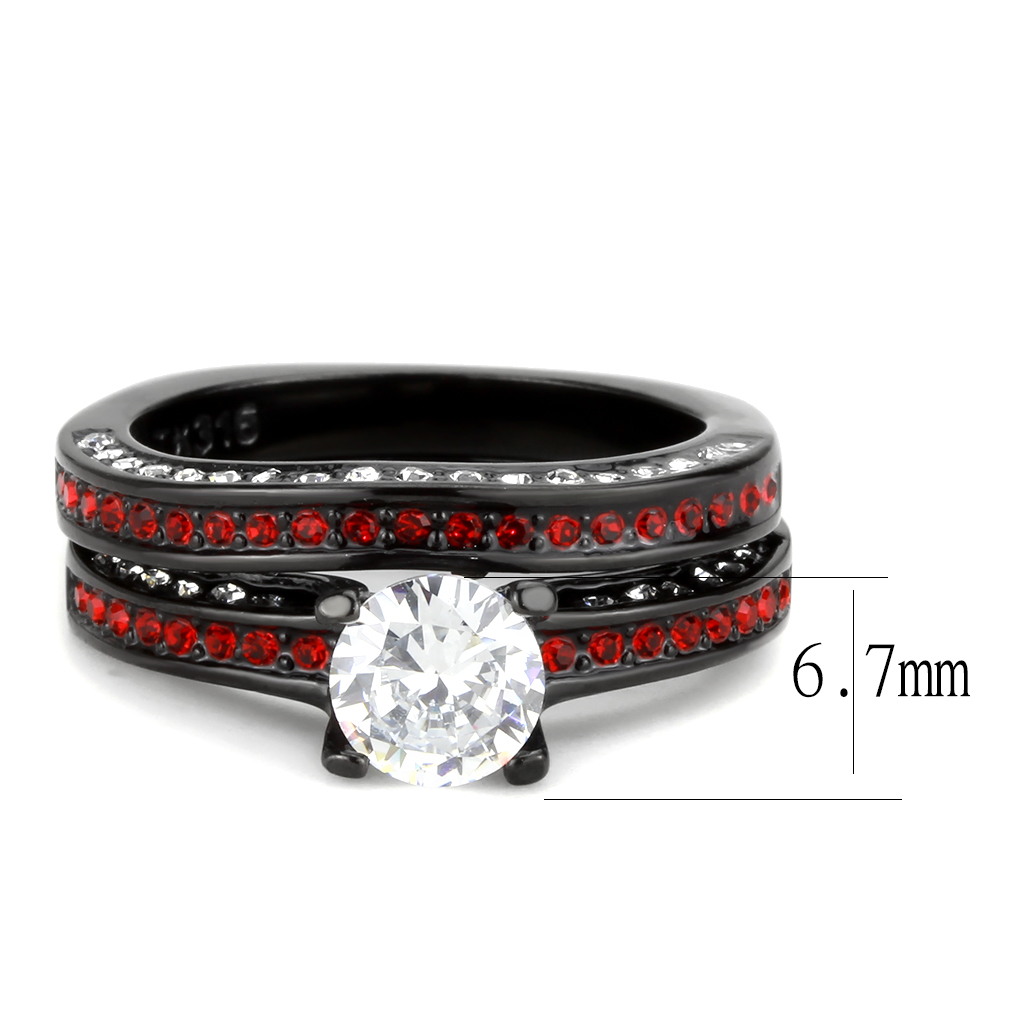 CJ3695 Wholesale Women's Stainless Steel IP Black AAA Grade CZ Clear & Red Solitaire Ring Set