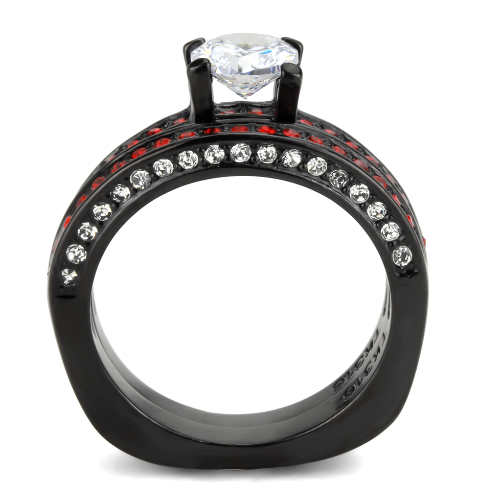 CJ3695 Wholesale Women's Stainless Steel IP Black AAA Grade CZ Clear & Red Solitaire Ring Set