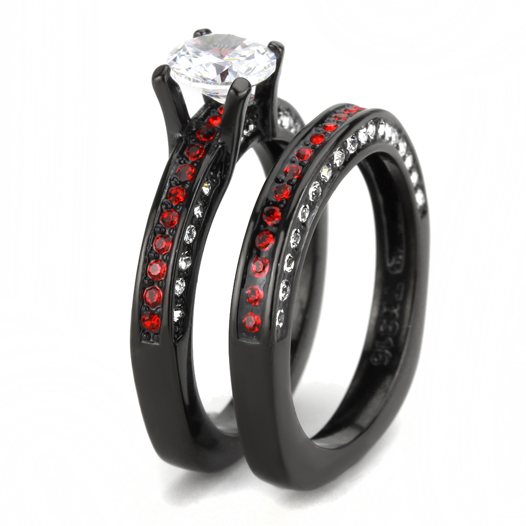 CJ3695 Wholesale Women's Stainless Steel IP Black AAA Grade CZ Clear & Red Solitaire Ring Set