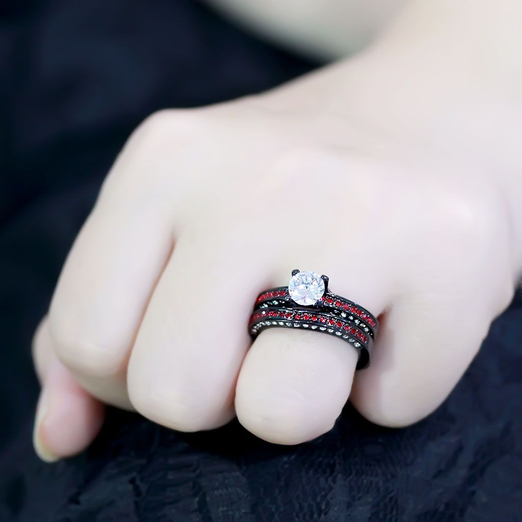 CJ3695 Wholesale Women's Stainless Steel IP Black AAA Grade CZ Clear & Red Solitaire Ring Set