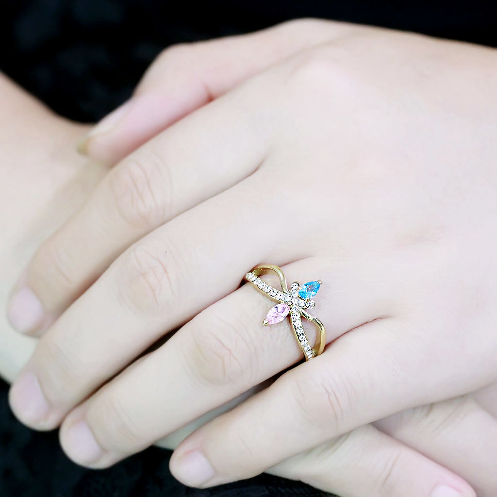 CJ3712 Wholesale Women's Stainless Steel IP Gold AAA Grade CZ Multi Color Blue & Pink Minimal Ring