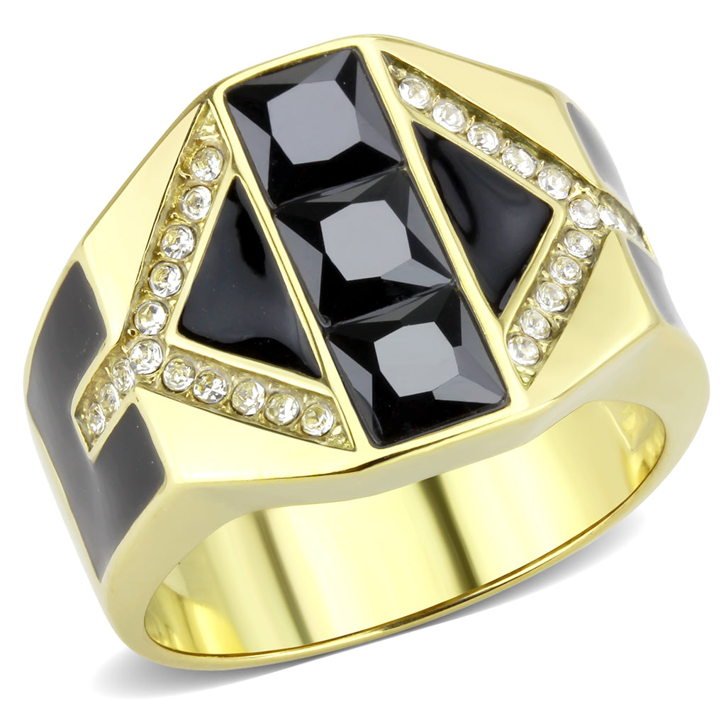 CJ3721 Wholesale Men&#39;s Stainless Steel IP Gold AAA Grade CZ Black Diamond 3 Stone Ring