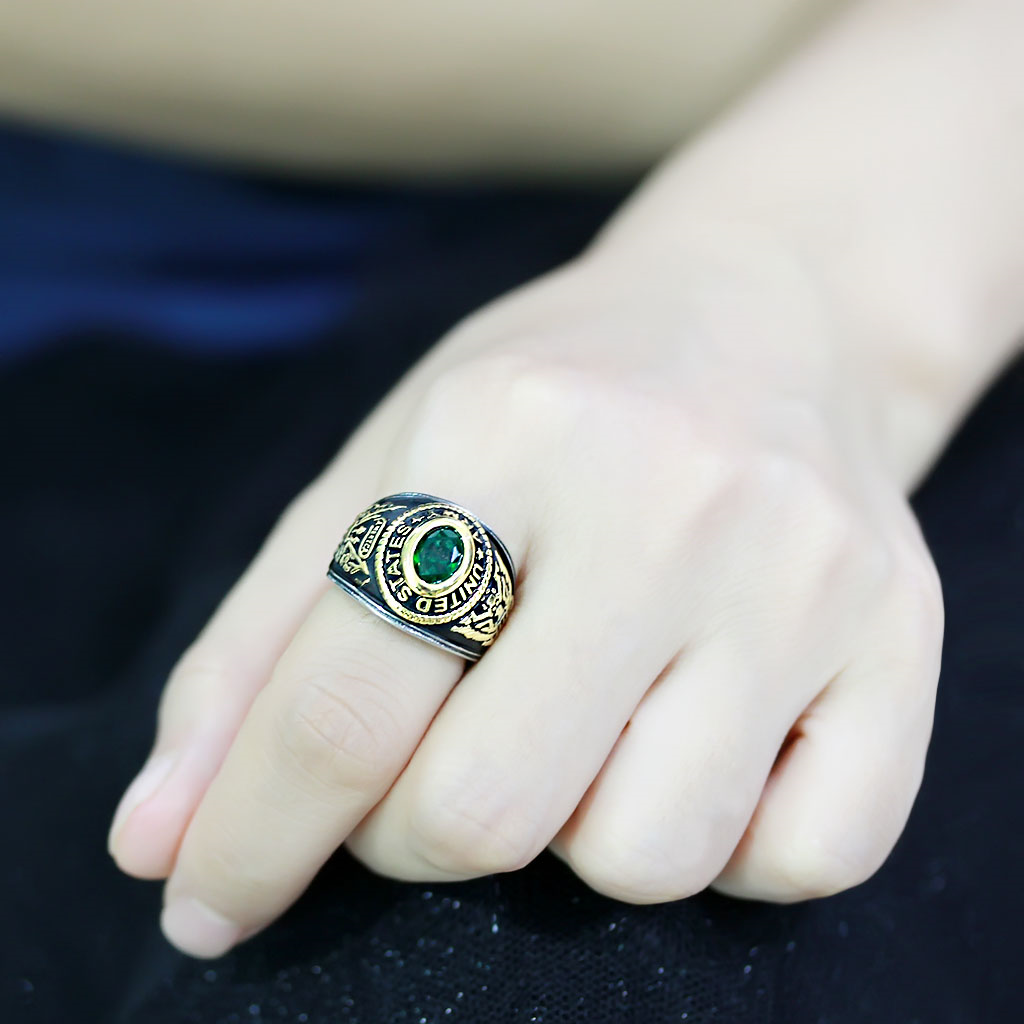 CJ3724 Wholesale Unisex Stainless Steel Two-Tone IP Gold Synthetic Emerald United States Army Military Ring