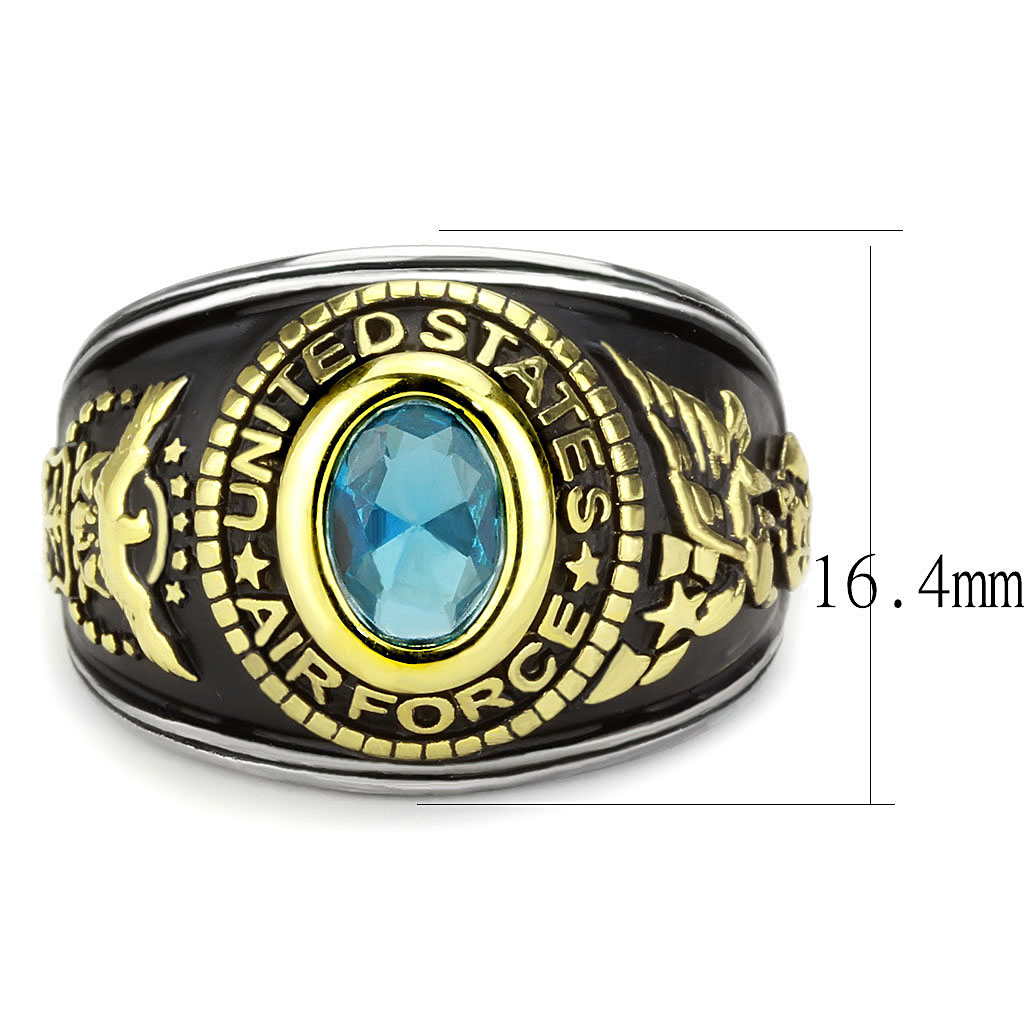 CJ3725 Wholesale Unisex Stainless Steel Two-Tone IP Gold Synthetic Sea Blue United States Air Force Military Ring