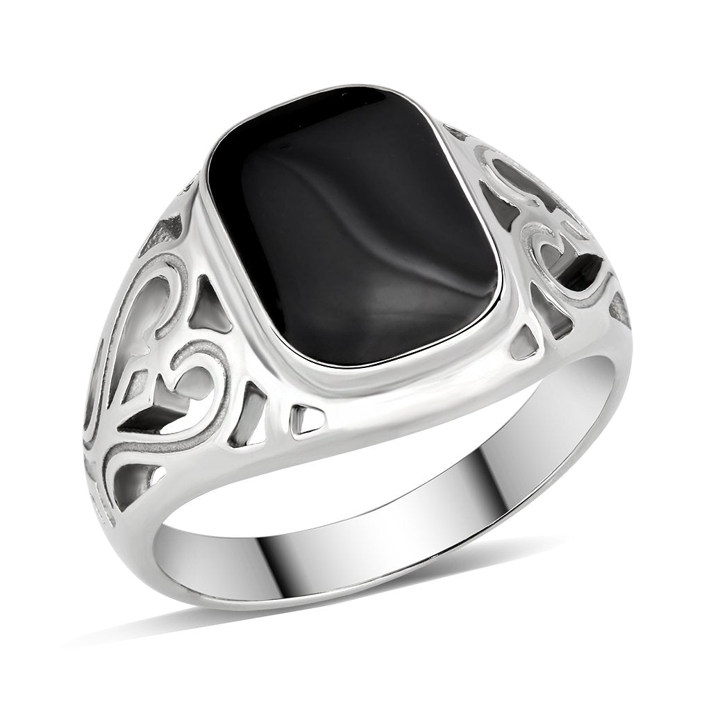 CJ3753 Wholesale Men's Stainless Steel Epoxy Jet Black Heart Filigree Ring