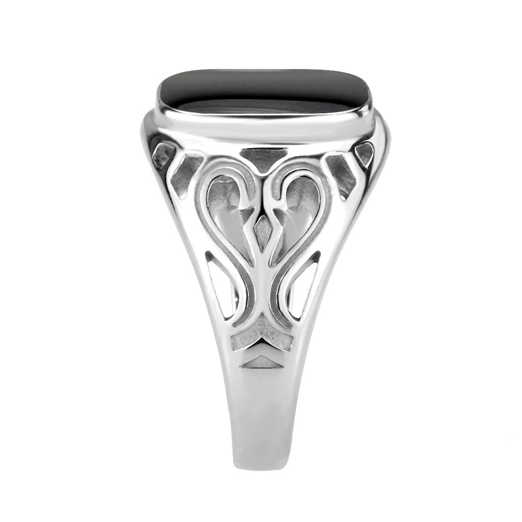 CJ3753 Wholesale Men's Stainless Steel Epoxy Jet Black Heart Filigree Ring