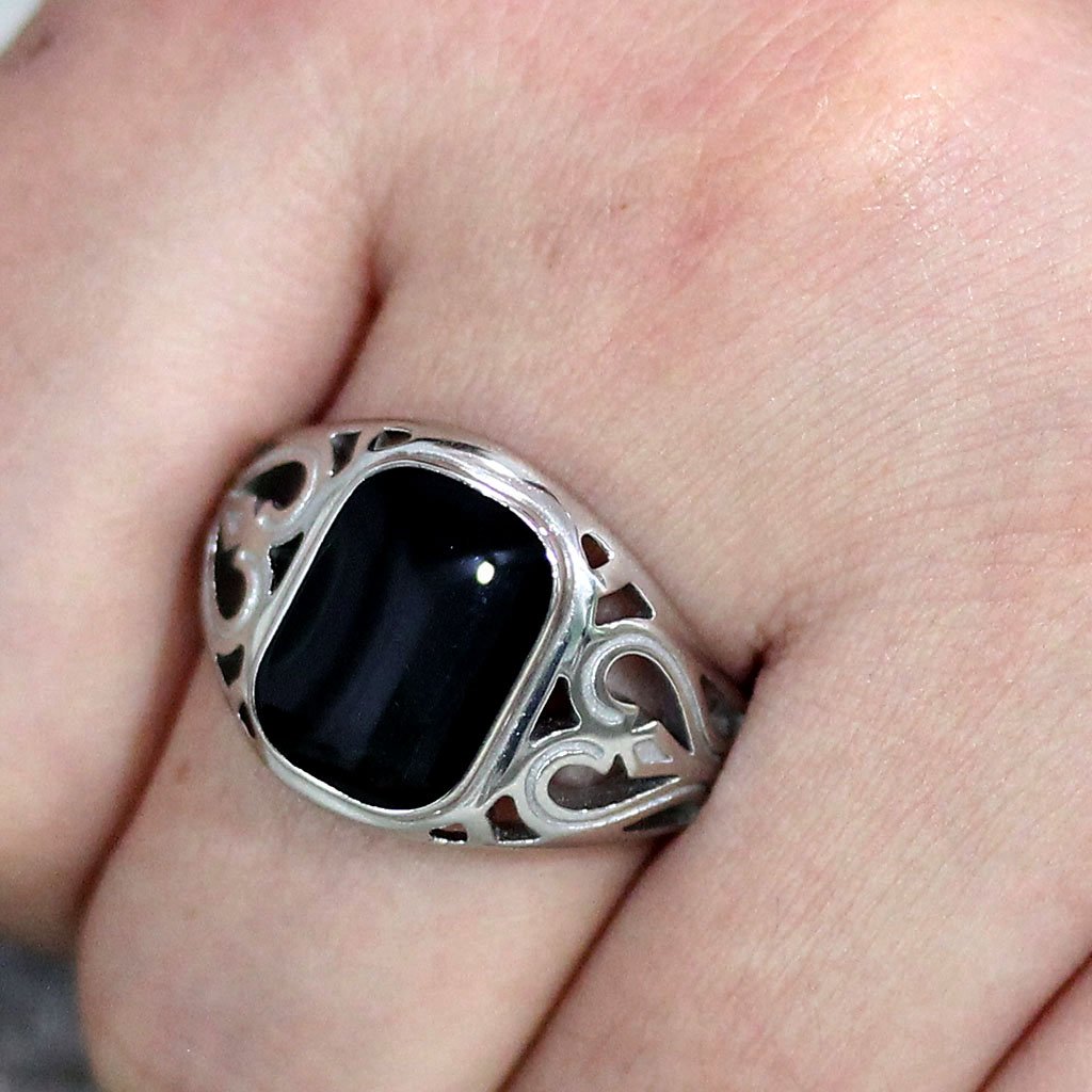 CJ3753 Wholesale Men's Stainless Steel Epoxy Jet Black Heart Filigree Ring
