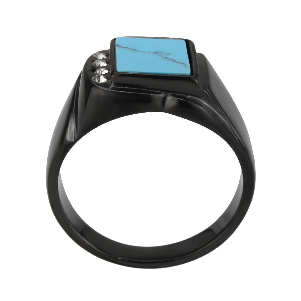 CJ3755 Wholesale Men&#39;s Stainless Steel IP Black Sea Blue Turquoise Ring