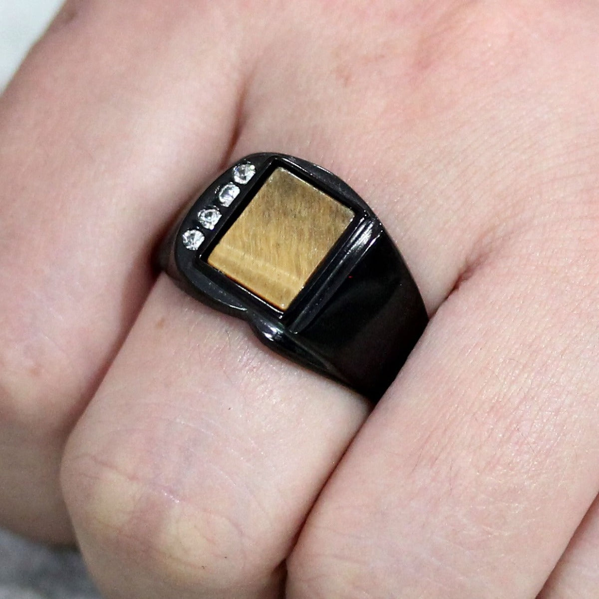 CJ3756 Wholesale Men's Stainless Steel IP Black Topaz Ring