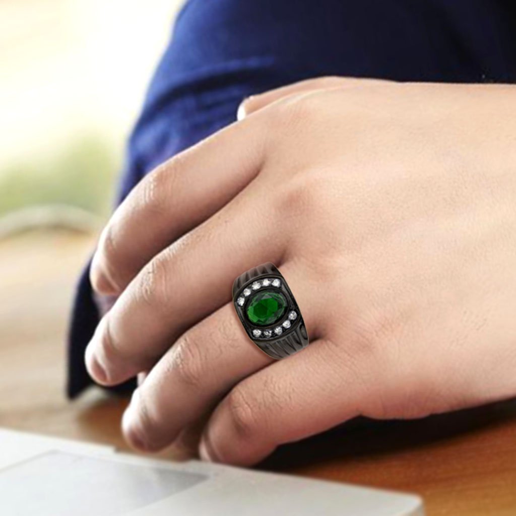 CJ3764 Wholesale Men's Stainless Steel IP Black Oval Emerald Ring