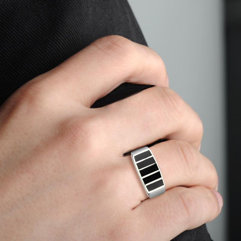 CJ3767 Wholesale Men's Stainless Steel Epoxy Jet Black Block Ring