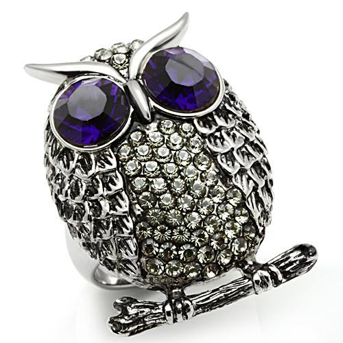 CJ399 Wholesale Women's Stainless Steel Top Grade Crystal Amethyst Purple Eyed Owl Ring