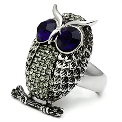 CJ399 Wholesale Women's Stainless Steel Top Grade Crystal Amethyst Purple Eyed Owl Ring