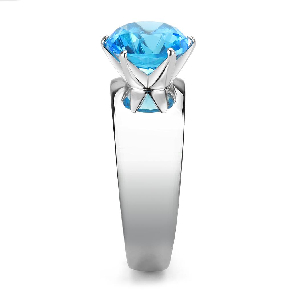 CJ52003 Wholesale Women&#39;s Stainless Steel Synthetic Sea Blue Round Solitaire Ring