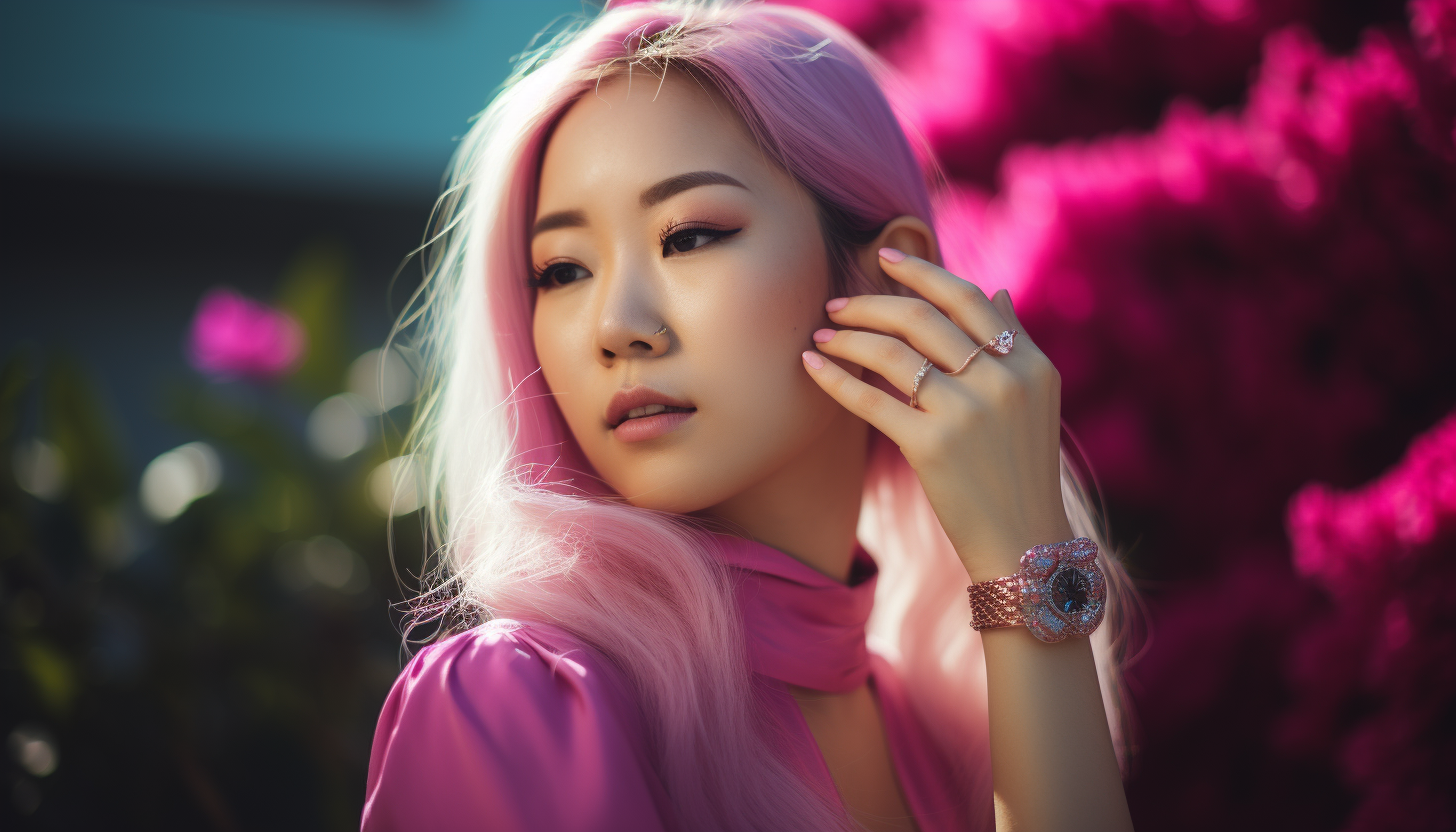 Asian woman with pink hair wearing pink crystal fashion rings and pink top