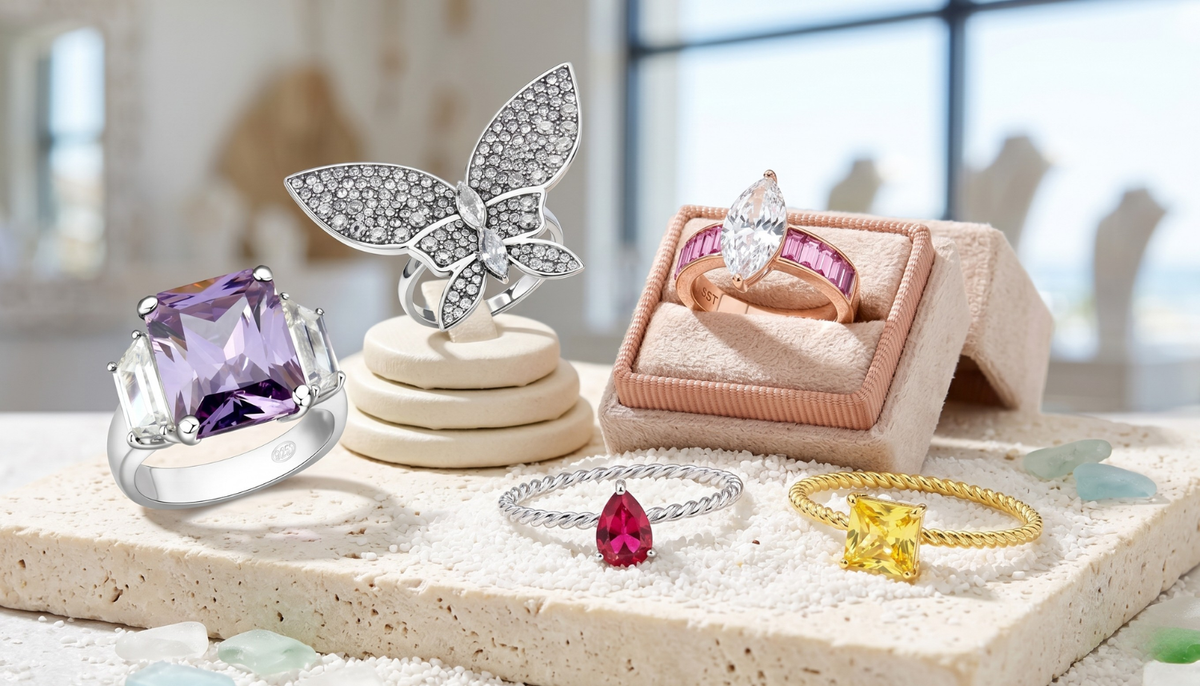Ceri Jewelry CZ wholesale fashion rings on display in a well-lit jewelry store near the beach 