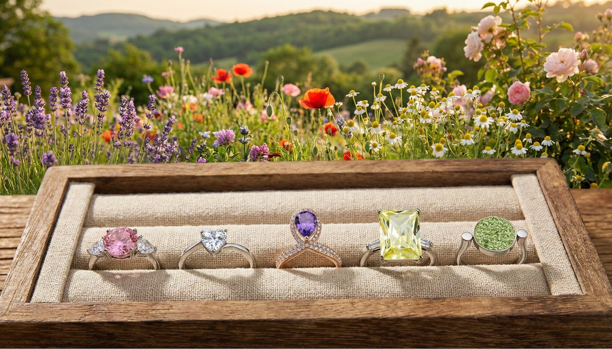 Ceri Jewelry crystal fashion rings on a ring tray with flowers in the background