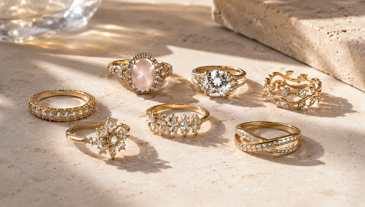 gold-plated fashoin rings on a smooth surface with natural lighting