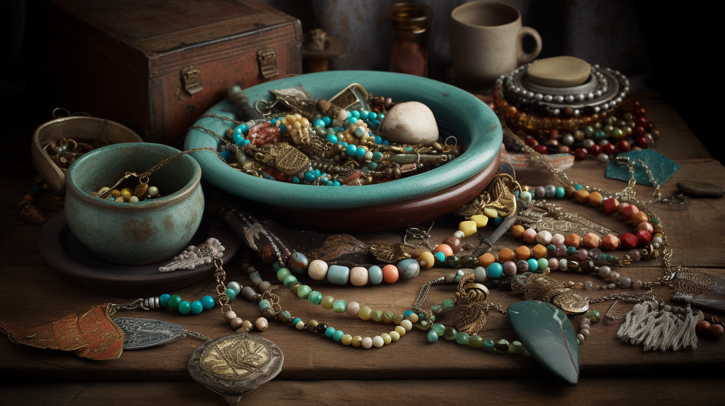 AI-generated image of Bohemian-style fashion jewelry pieces on a wooden table