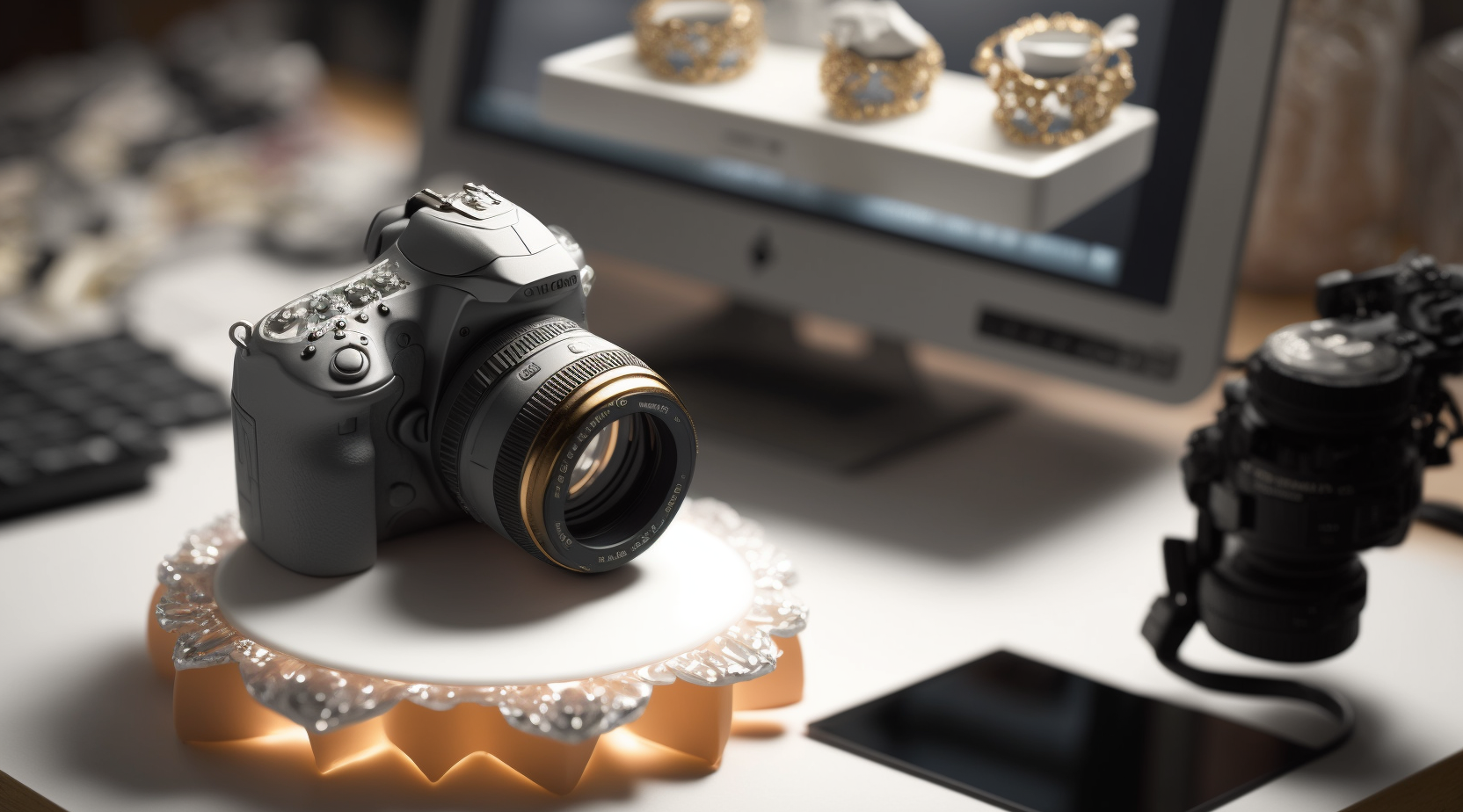 black DSLR camera taking a product photo of fashion rings