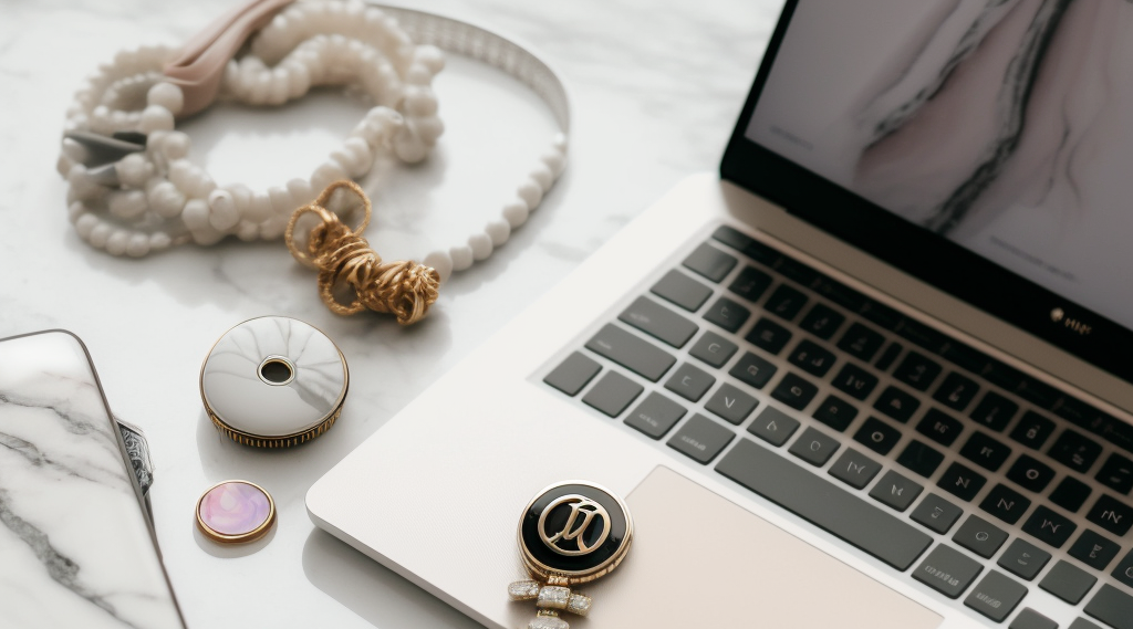 fashion jewelry on white marble surface beside a silver laptop