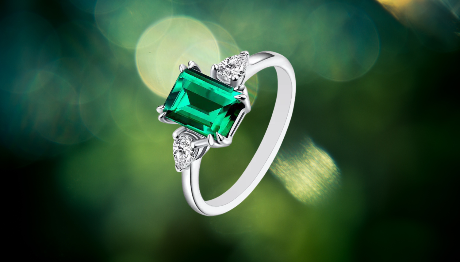Emerald Cut Engagement Moissanite Ring in 925 Sterling Silver against a green bokeh background