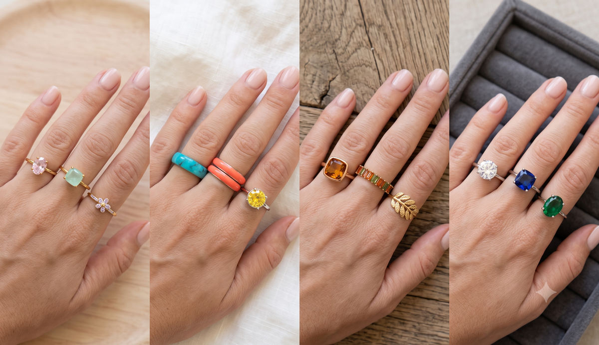 photo collage of four images of woman's hand wearing fashion rings with different colors of top grade crystals and cz crystals