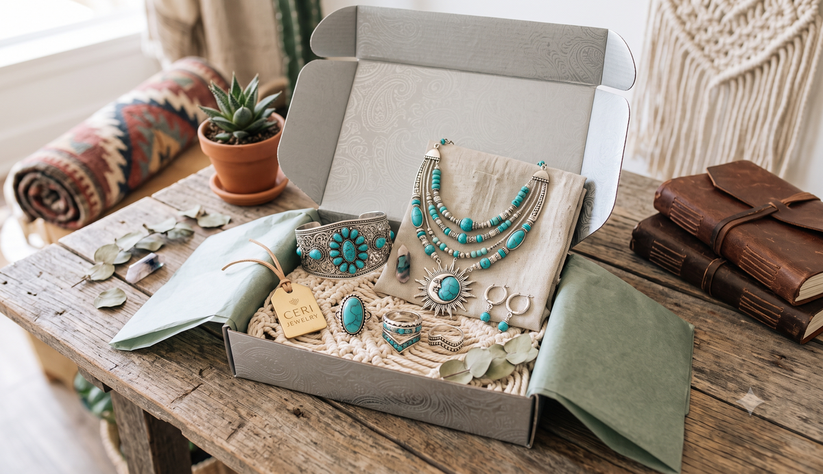 a jewelry subscription box with a bohemian theme with lotsof turquoise fashion jewelry