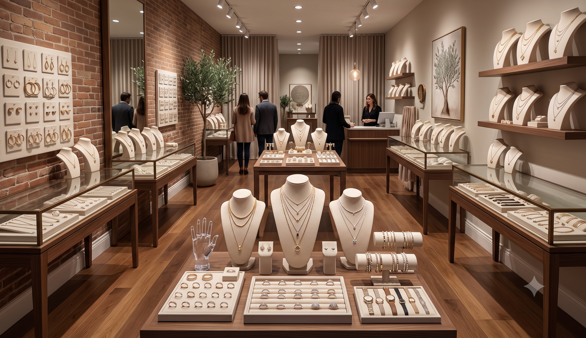 a long shot of the inside of a jewelry shop