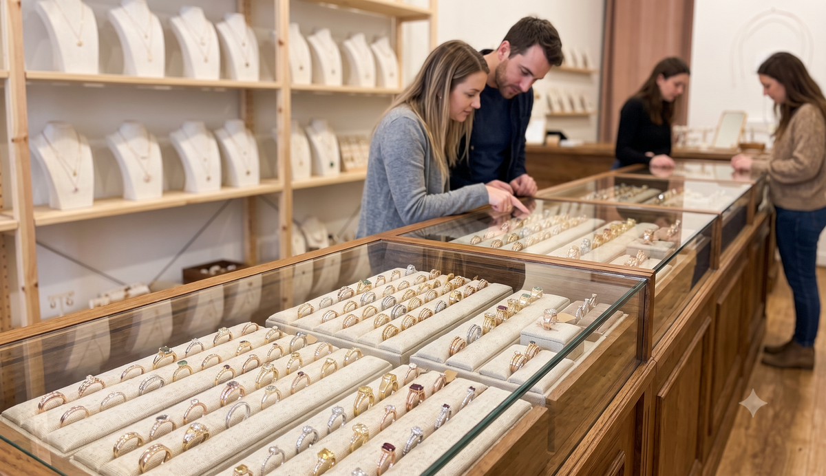 shoppers browsing through fashion jewelry on display in a jewelry shop