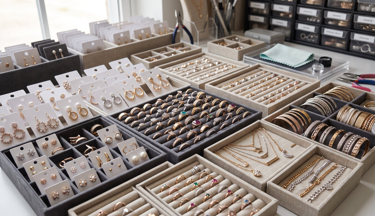 a close up shot of an inventory of wholesale fashion jewelry on jewelry trays