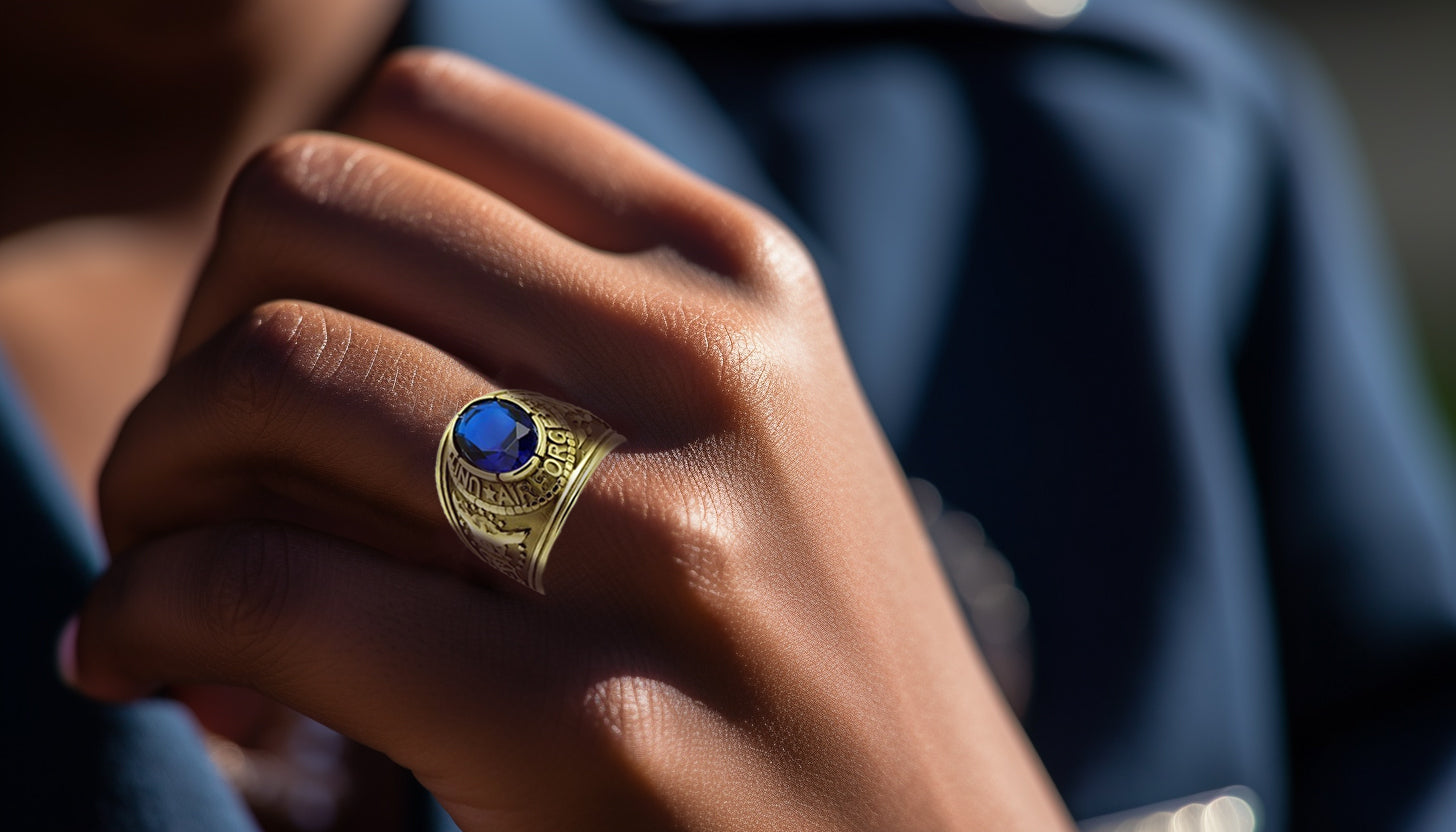 US Air Force Service woman's hand wearing CeriJewelry Gold-Plated United States Air Force Military Ring