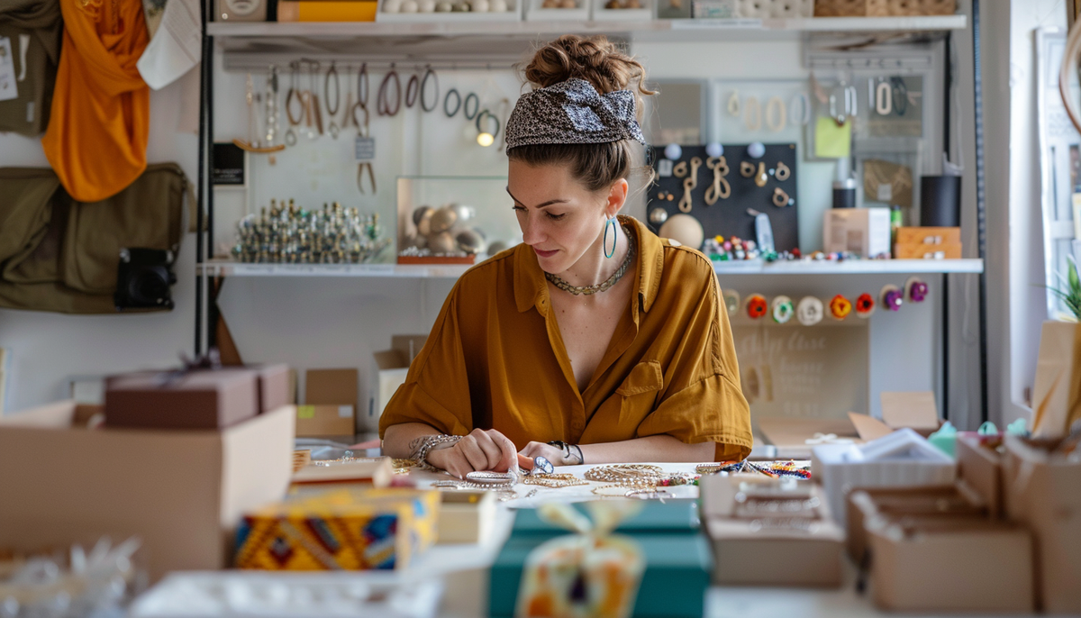 Young female online seller is doing inventory and looking at the jewelry of her online shop, wearing brown casual shirt, behind her are more fashion jewelry pieces displayed on a shelf