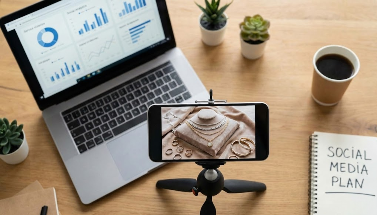 a smart phone on a stand showing fashion jewelry beside it is a laptop, coffee cup, and notebook with words written that says social media plan