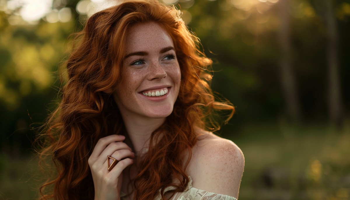 a smiling redhead with long curls and freckles wearing a minimalist brown-plated geometric fashion ring on one of her fingers and an off-shoulder dress