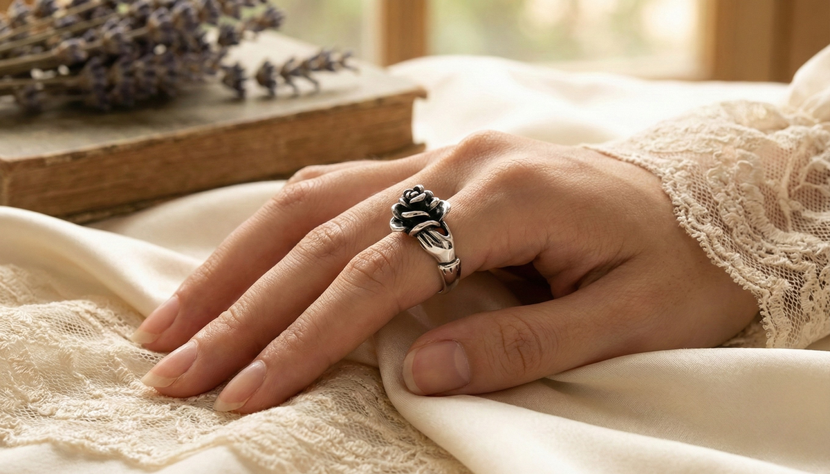 a woman's hand on a white cloth wearing the ceri jewelry rose stainless steel fashion